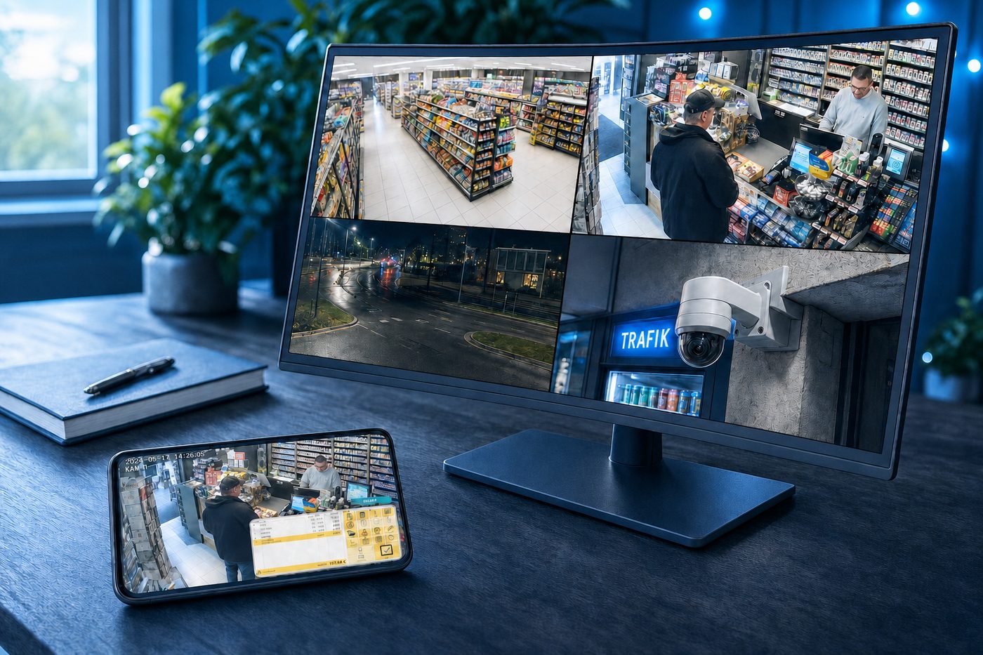 VAS Monitor und Handy mit Live-Kamera-Ansicht und Kassenbildschirm
